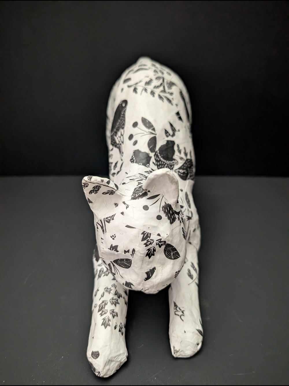 Handmade white with floral and bird print paper mache cat 8-2026K